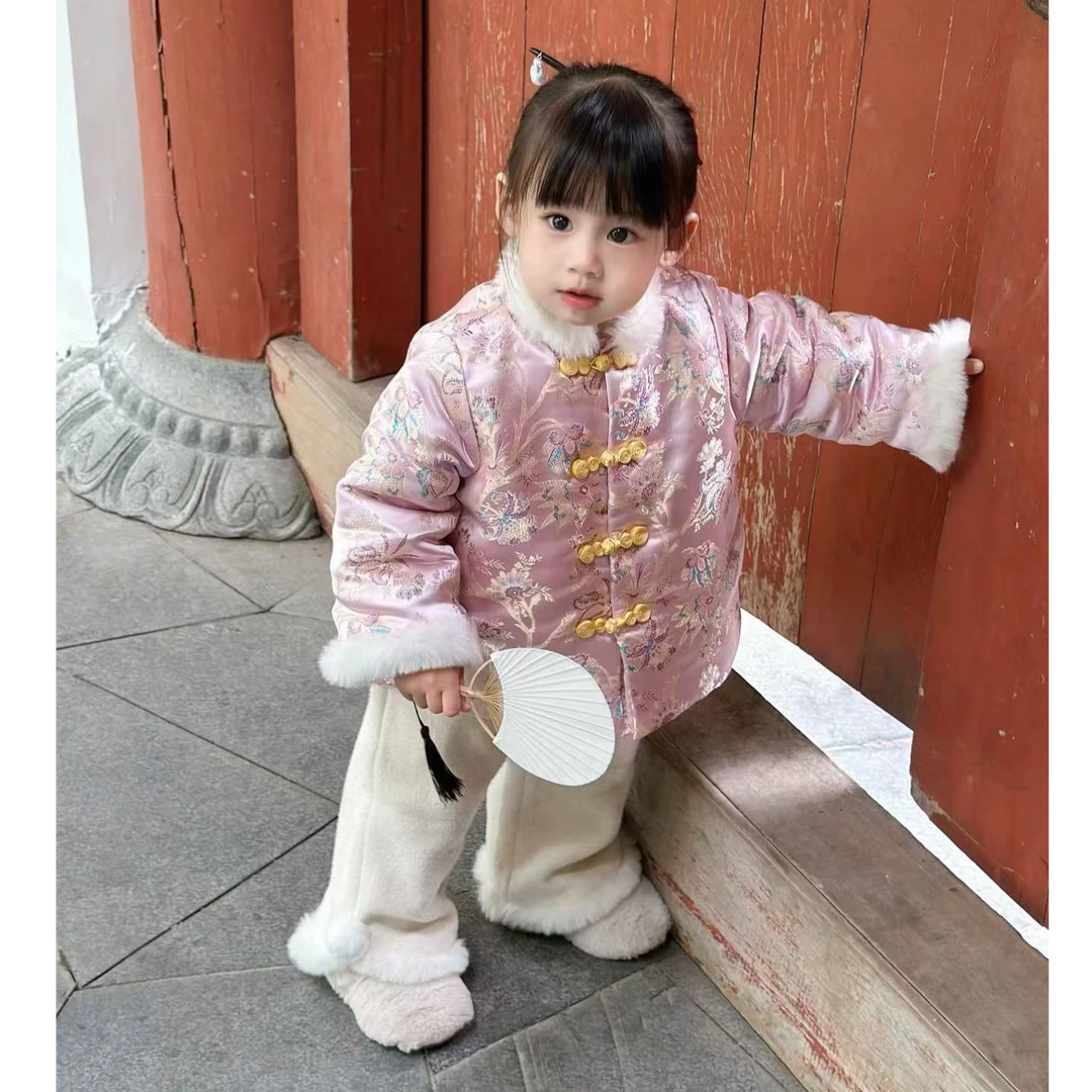 壹妈童装女童新年拜年服套装秋冬儿童洋气粉色新中式夹棉外套裤子
