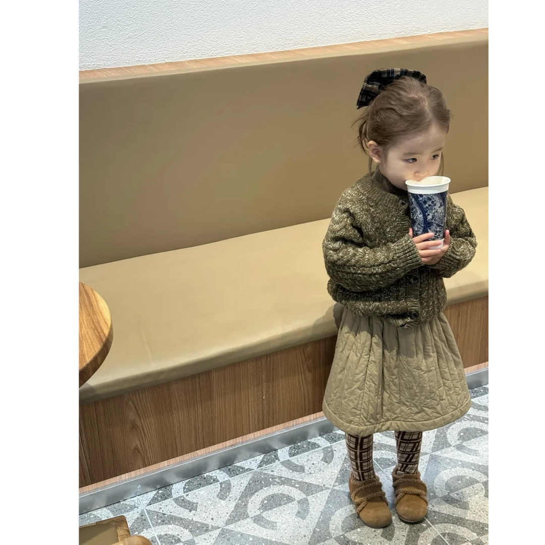 现货】壹妈童装女童套装2025秋装新款儿童洋气针织衫毛衣夹棉半裙