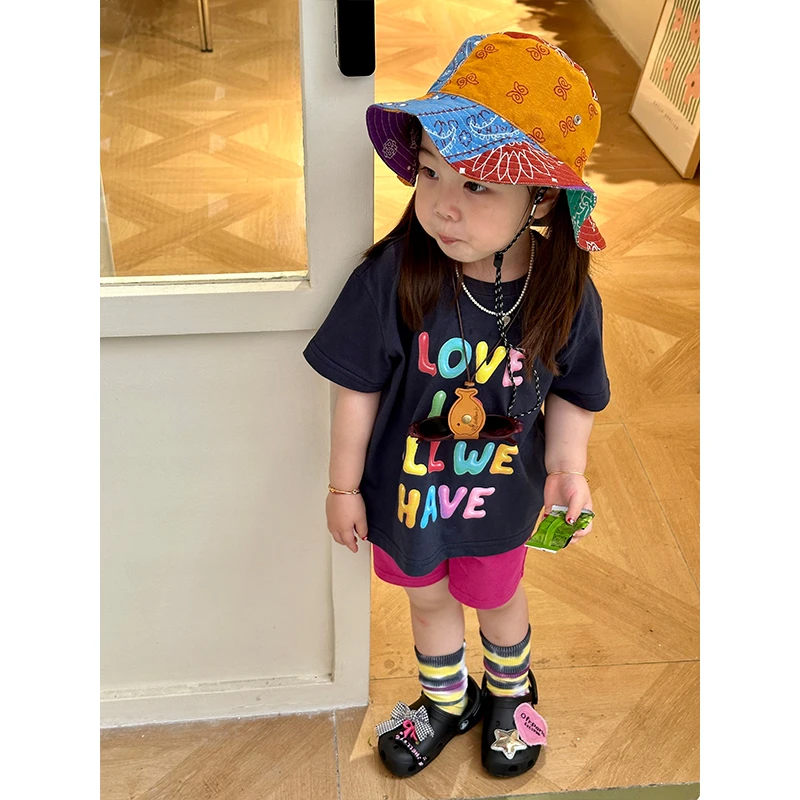 壹妈韩版童装女童套装夏季洋气字母印花休闲短袖玫红色短裤两件套