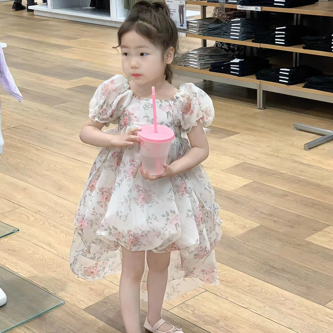 壹妈韩国童装女童连衣裙夏季洋气裙子甜美公主裙超仙泡泡袖碎花裙