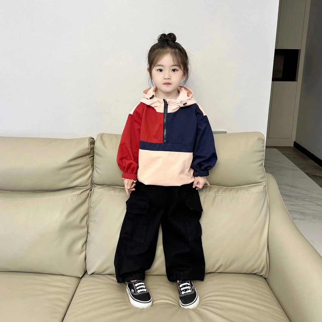 壹妈童装女童时髦洋气套装秋冬儿童拼接连帽卫衣黑色工装裤两件套