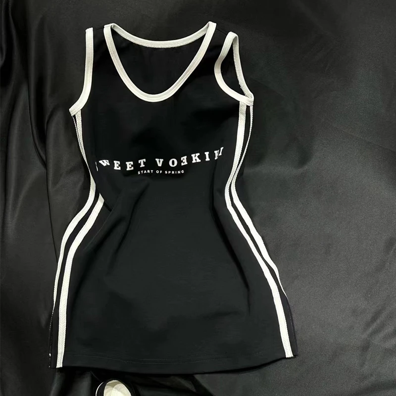 壹妈韩版童装女童夏装儿童洋气黑色背心裙宝宝字母裙子休闲连衣裙