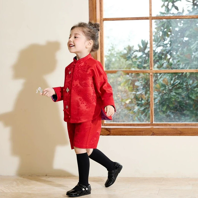 现货童装拜年服女童新中式中国风套装秋冬儿童红色唐装外套短裤