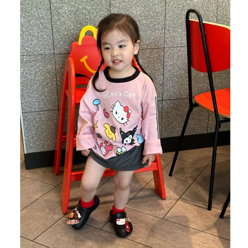 壹妈韩版童装女童T恤2025秋冬新款洋气卡通kitty猫印花长袖上衣潮