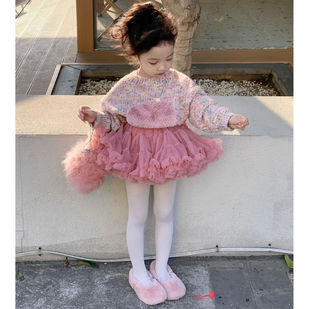 壹妈韩版童装女童冬季套装洋气时髦甜美爱心针织毛衣tutu裙两件套