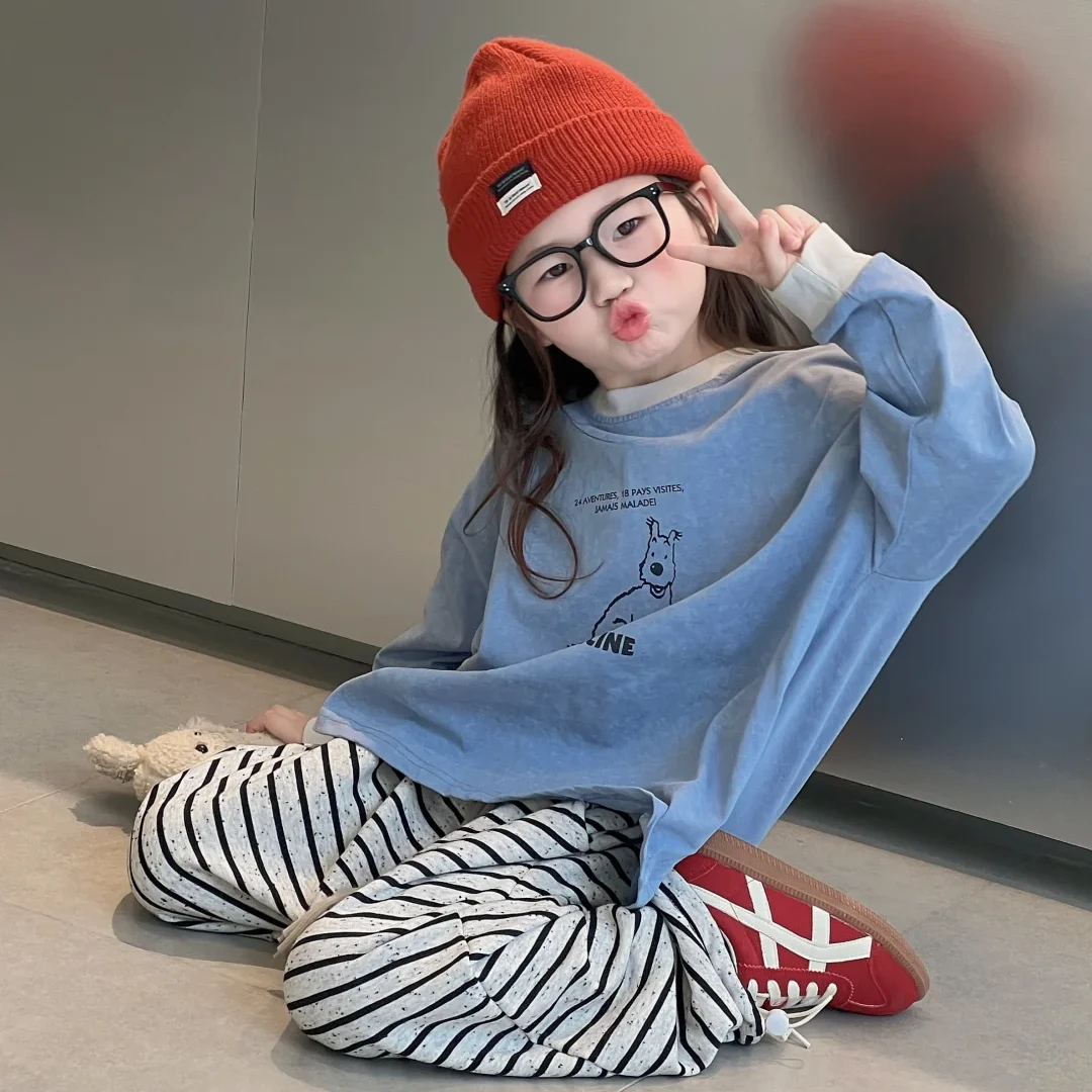 【现货】宝宝穿搭壹妈韩版童装儿童套装秋装洋气卡通印花上衣条纹裤