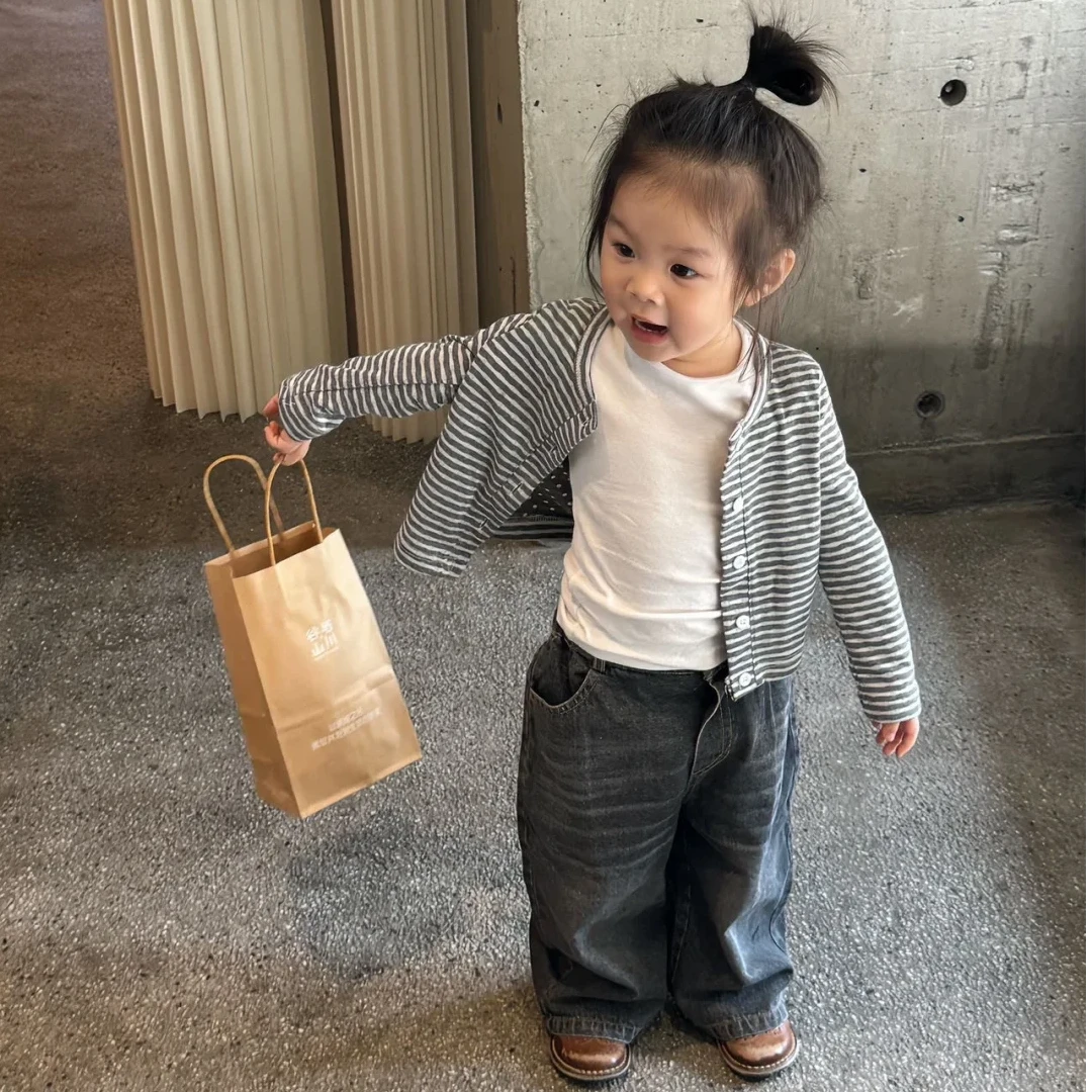 萌娃穿搭壹妈韩版童装女童套装秋装女宝宝洋气条纹开衫外套牛仔裤