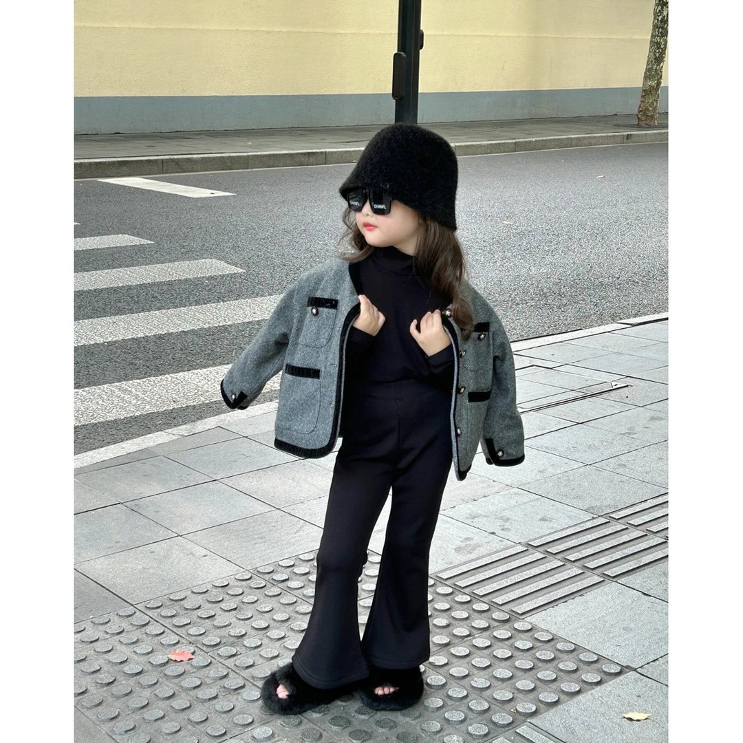 壹妈韩国童装女童秋冬新款小香风外套洋气复古气质女宝宝灰色上衣