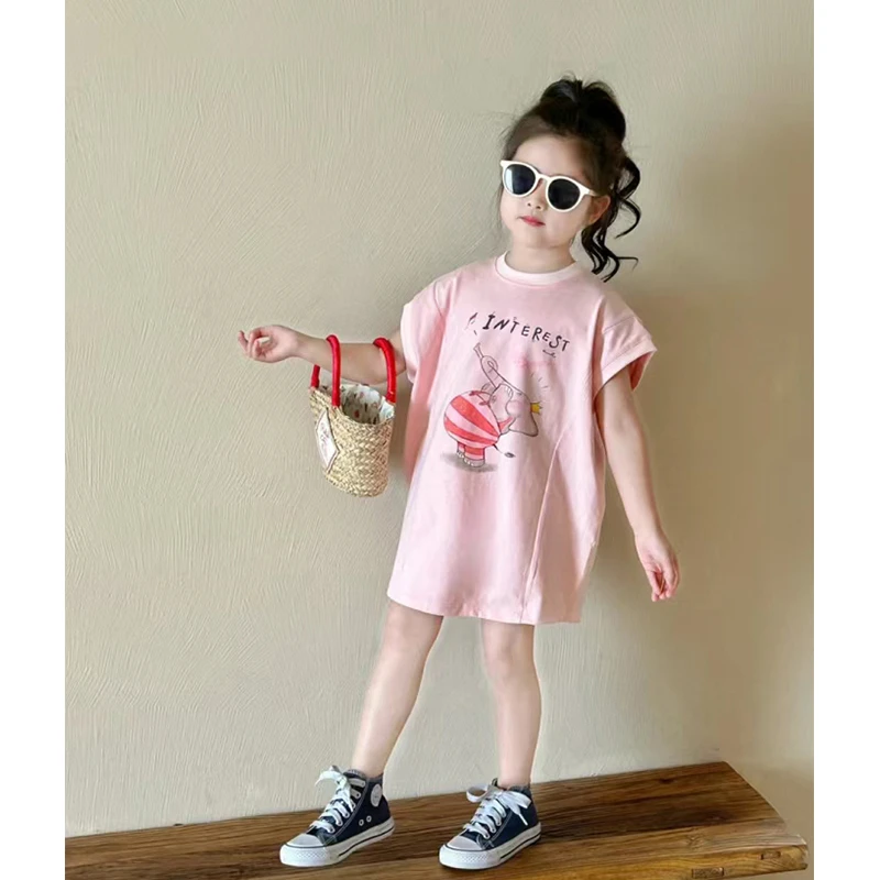 壹妈韩版童装女童连衣裙夏装新款洋气休闲粉色卡通印花短袖T恤裙