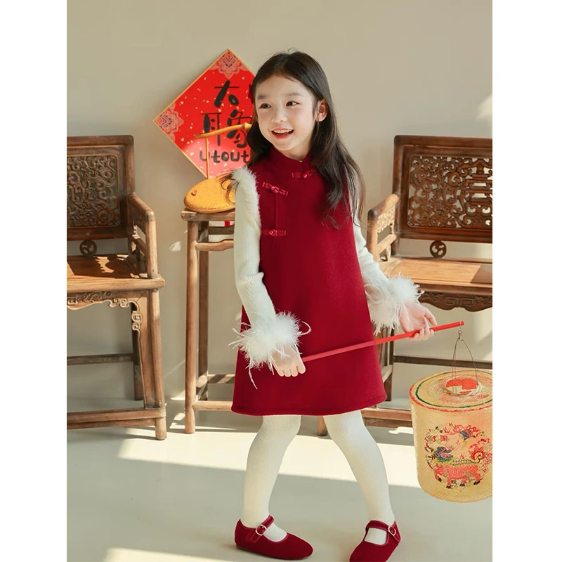 现货壹妈拜年服套装秋冬女童红色背心裙儿童中国风旗袍裙周岁礼服