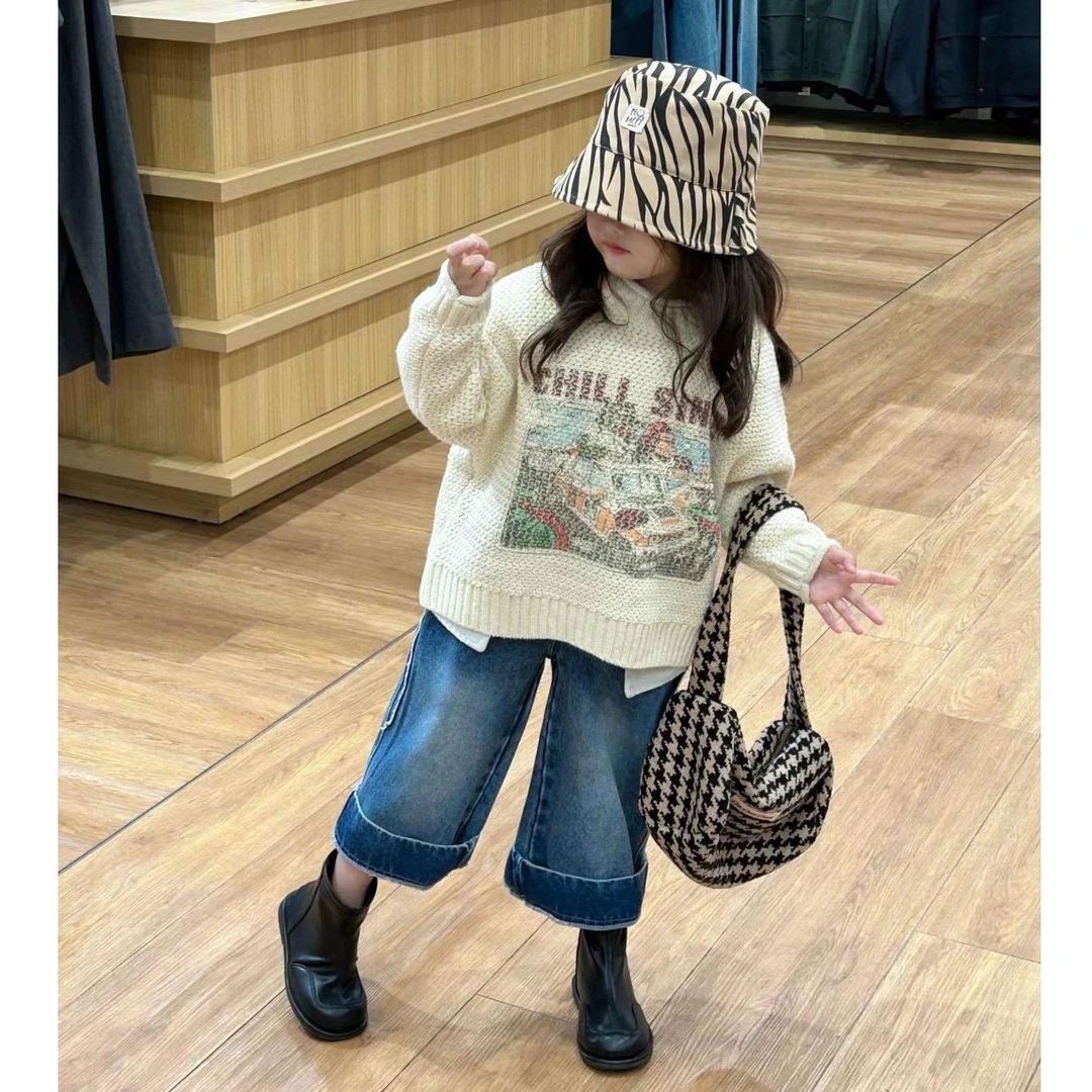 壹妈韩国童装女童秋装新款套装女宝洋气刺绣针织毛衣牛仔裤两件套