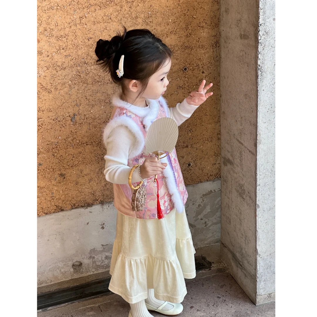 壹妈韩版童装萌娃穿搭女童新中式套装秋冬儿童新中式夹棉背心半裙