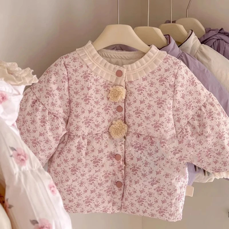 《清仓》童装韩版女童棉服新年服秋冬儿童洋气粉色碎花加厚夹棉外套