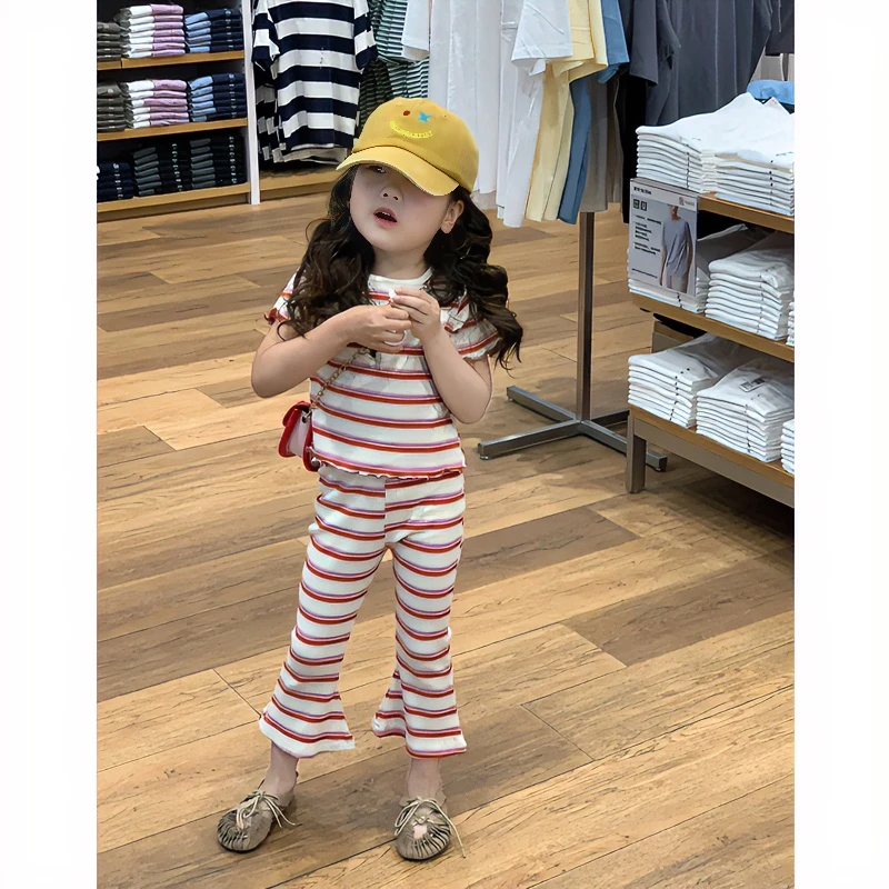 壹妈童装女童条纹短袖套装2025夏装洋气儿童休闲阔腿裤子