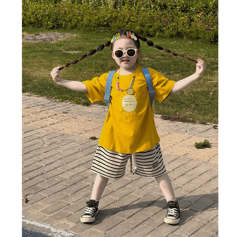 壹妈女童多巴胺套装2024童装夏季儿童洋气短袖t恤条纹休闲短裤