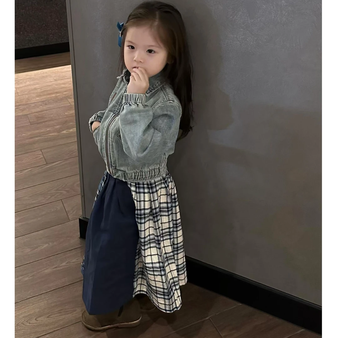 壹妈萌娃穿搭女童套装春秋儿童洋气牛仔夹克外套拼色格子裙潮