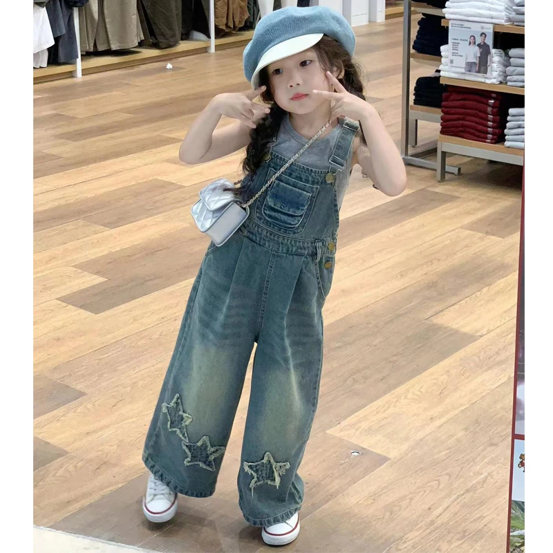 现货韩版童装女童背带裤套装休闲灰色背心时髦洋气百搭长裤两件套