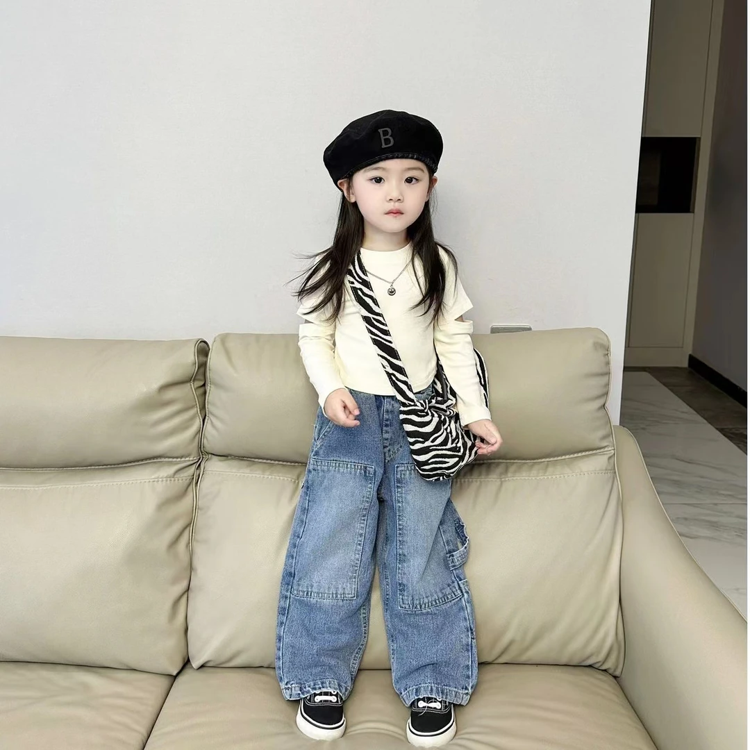 壹妈韩版童装女童秋季洋气套装儿童长袖上衣牛仔阔腿裤时髦两件套
