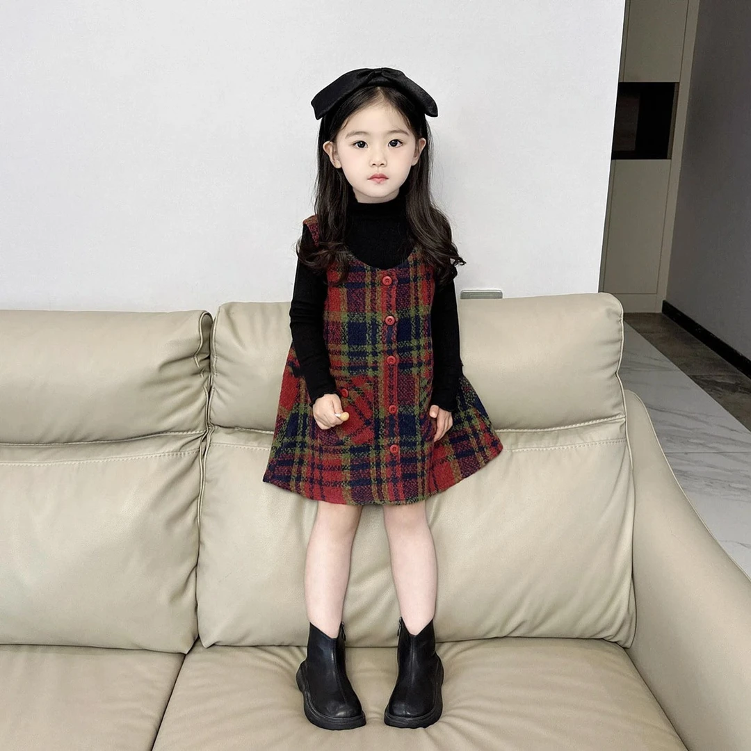 壹妈韩版童装女童秋季连衣裙套装黑色上衣红色格子背带裙子两件套