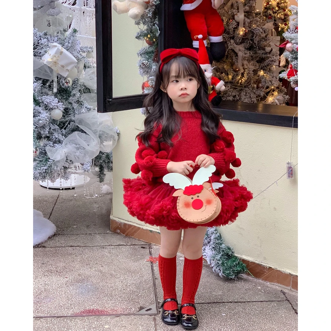 壹妈童装女童秋冬圣诞套装洋气宝宝红色针织毛衣tutu裙拜年两件套