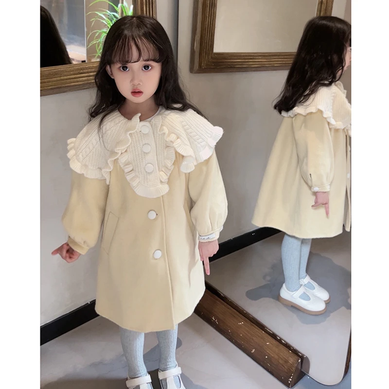 壹妈韩国童装女童冬季洋气儿童黄色毛呢外套中长款针织拼接大衣潮
