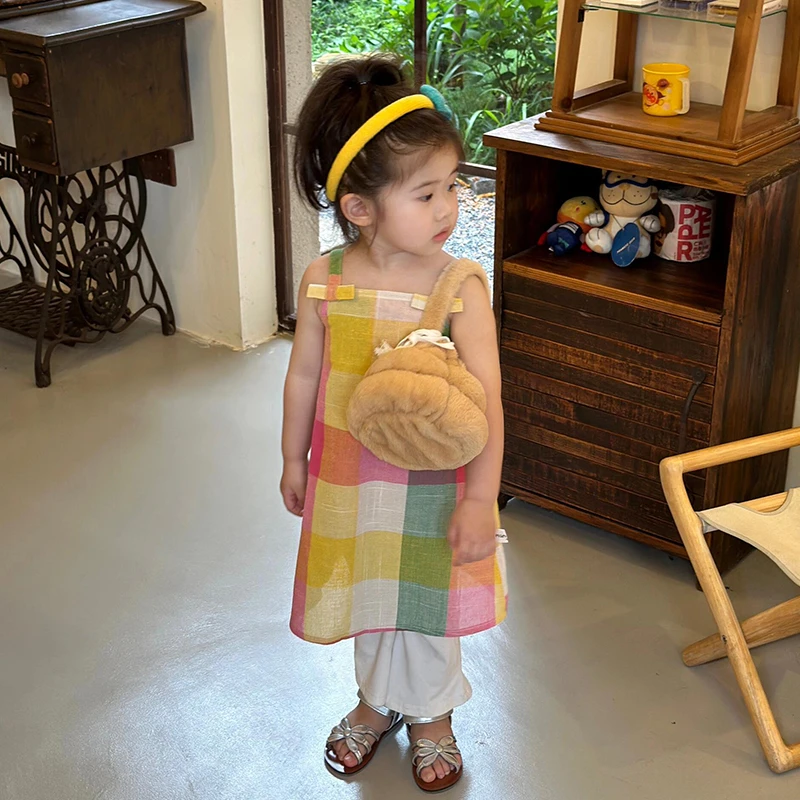 壹妈童装女童多巴胺套装夏季洋气拼色格子连衣裙休闲裤两件套潮