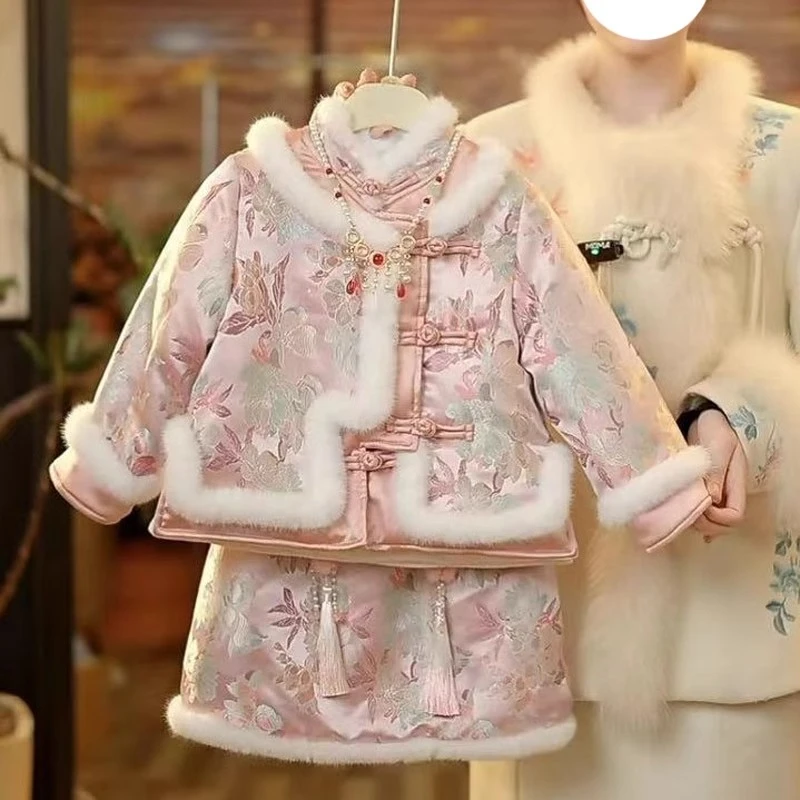 女童唐装套装秋冬洋气新中式盘扣外套印花半裙宝宝时髦国风两件套