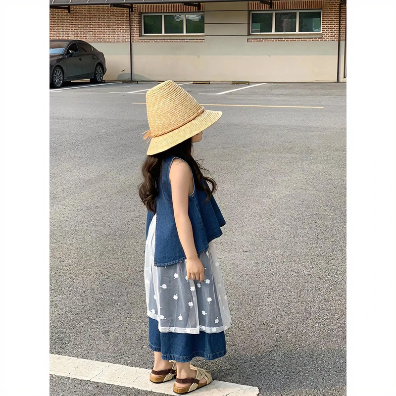 《现货》韩版童装女童夏季时髦三件套儿童洋气牛仔背心阔腿裤蕾丝