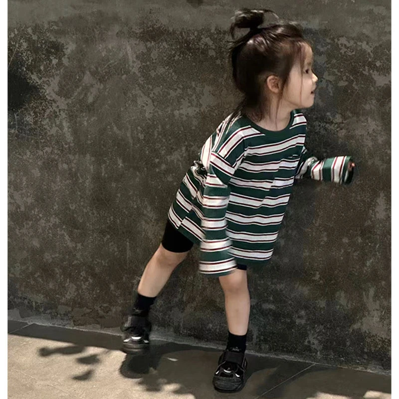 现货壹妈童装韩版女童休闲套装秋洋气时髦拼色T恤条纹上衣打底裤