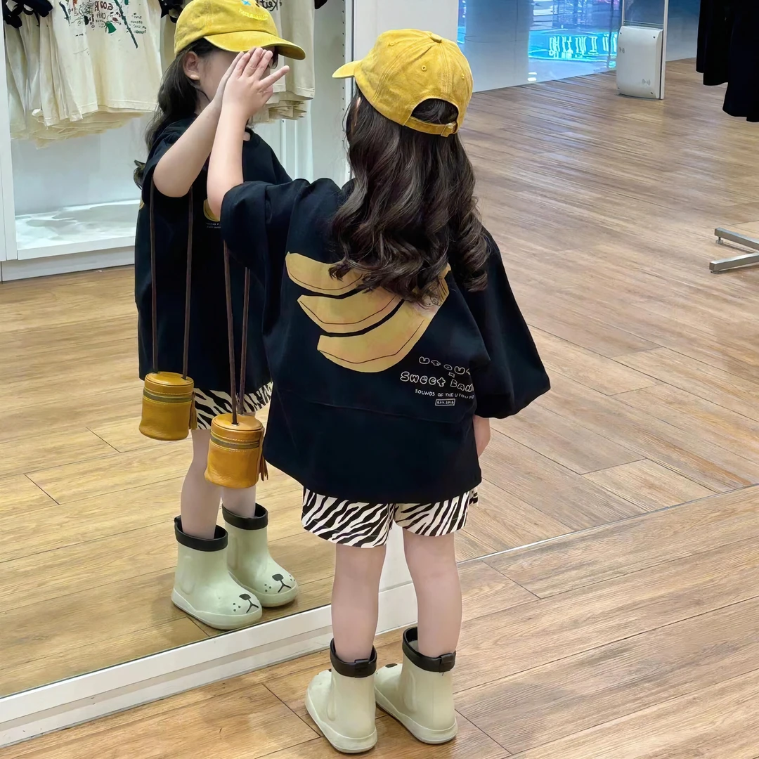 壹妈韩版童装女童洋气套装新款夏装洋气儿童中长款t恤短裤两件套