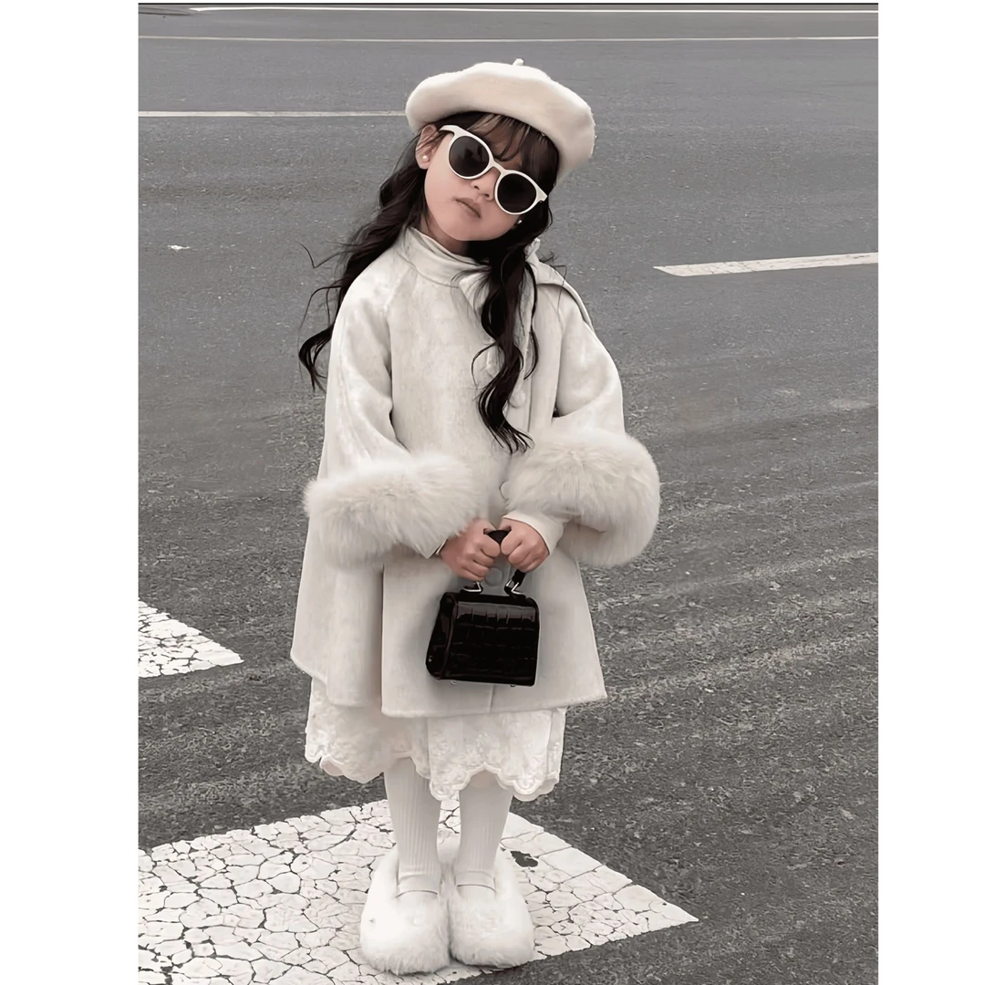 现货壹妈童装女童春秋洋气儿童毛呢外套小香风中长款保暖大衣