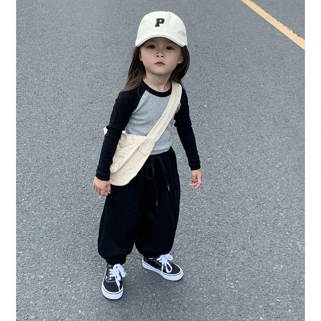 壹妈童装春秋女童时髦拼色长袖T恤儿童黑色裤子宝宝两件套