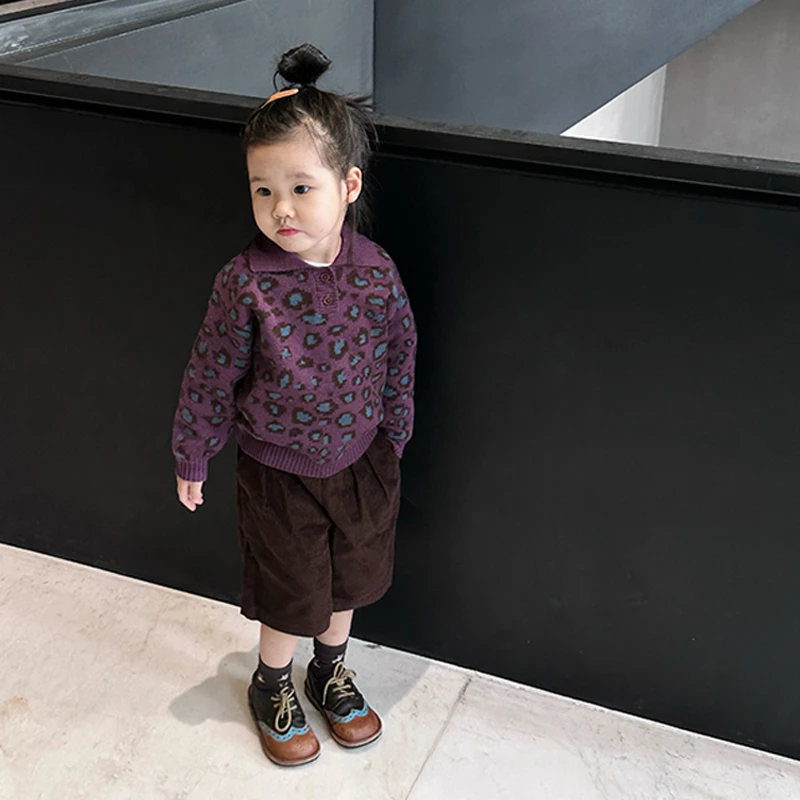 韩版童装萌娃穿搭女童春秋时髦洋气套装儿童紫色豹纹毛衣短裤