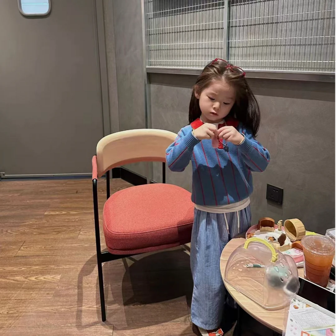 现货壹妈韩版童装女童套装秋冬新款蓝色条纹上衣休闲阔腿裤两件套