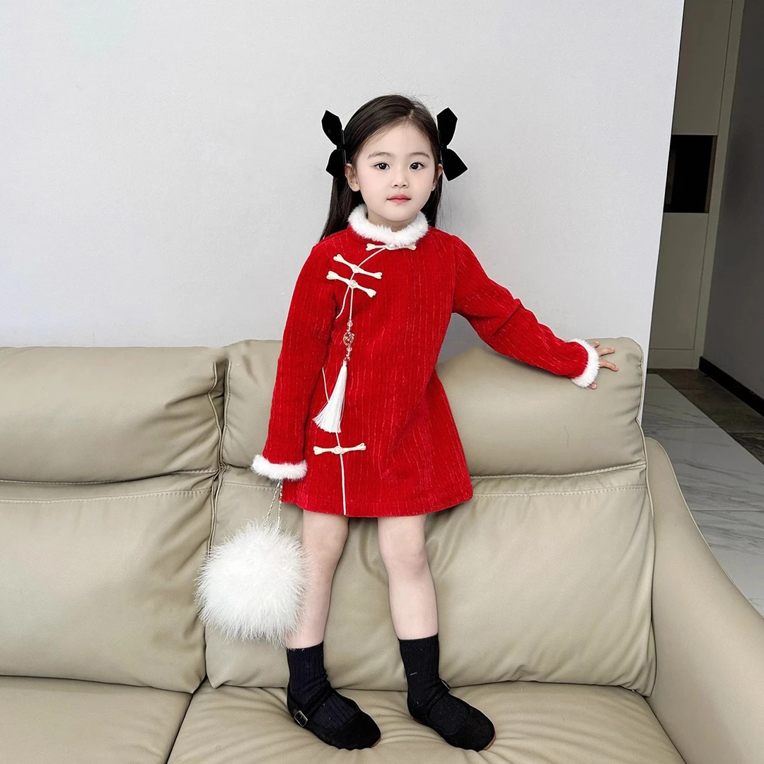 壹妈童装新中式旗袍裙冬季新年红盘扣拜年服中国风红色加绒连衣裙