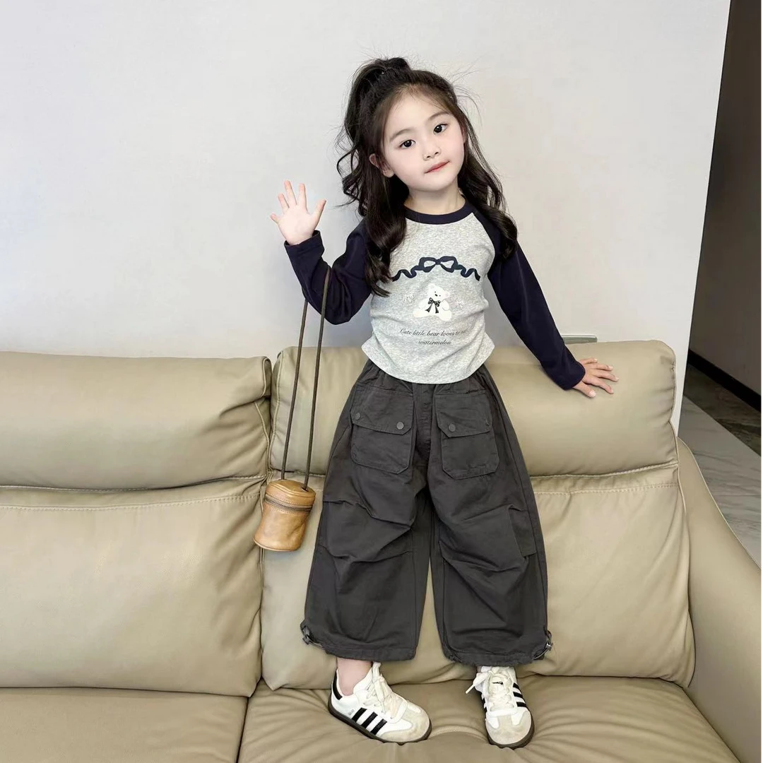 壹妈韩版童装女童秋季套装2024儿童新款时髦拼色印花t恤工装裤子