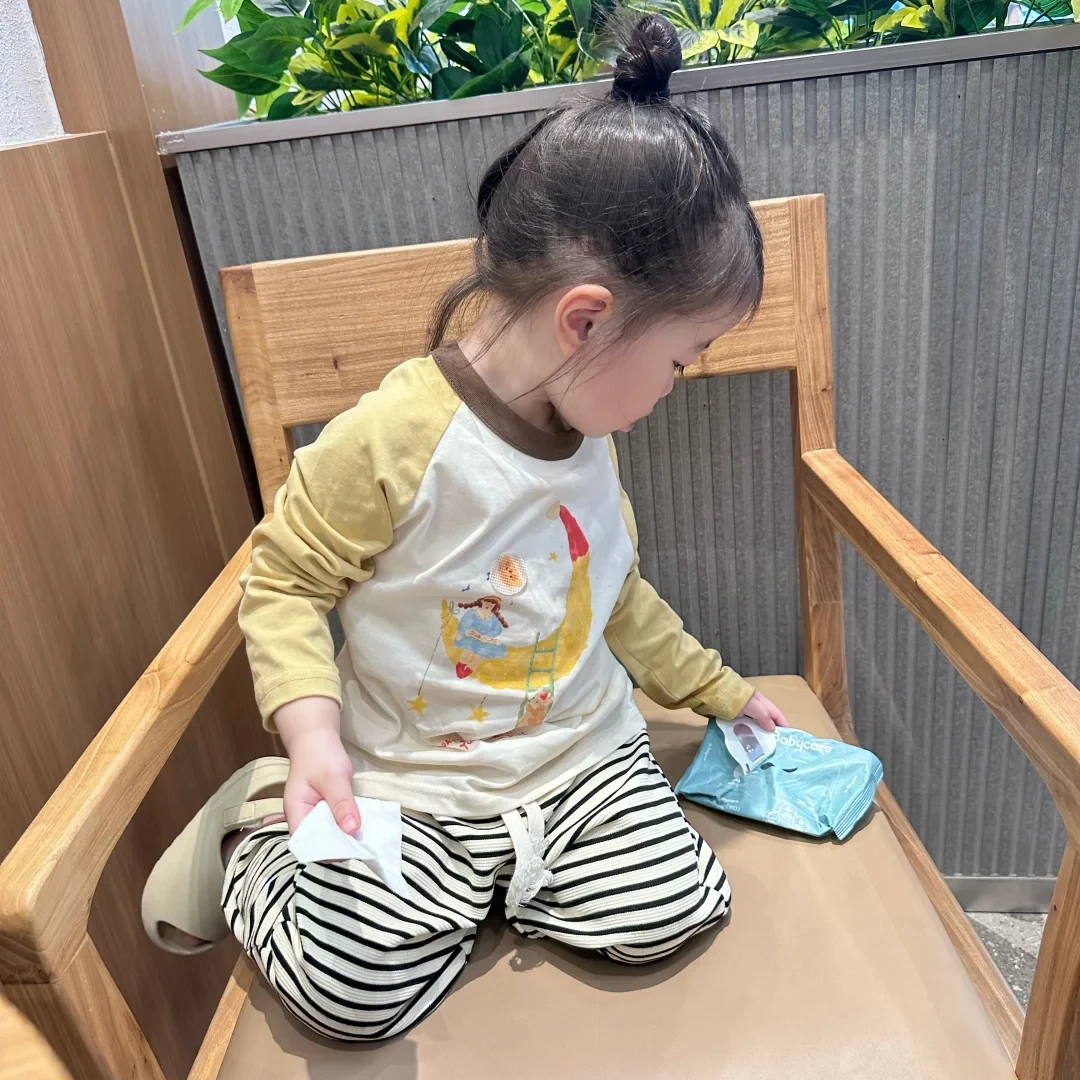 现货壹妈童装女童套装秋季儿童时髦卡通洋气印花T恤上衣条纹裤子