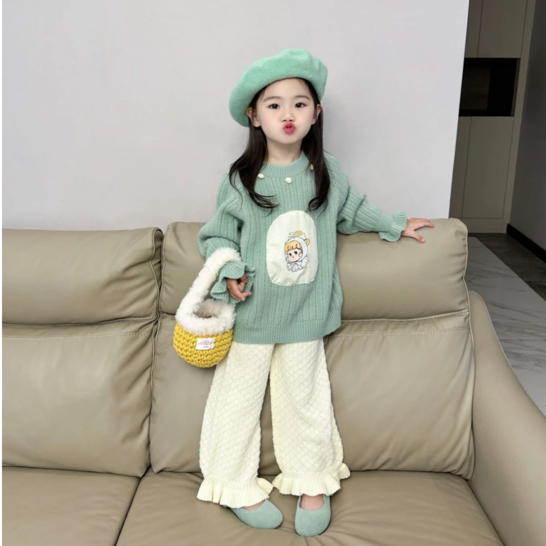 韩版童装女童春秋新款洋气时尚套装儿童绿色针织上衣花边阔腿裤子