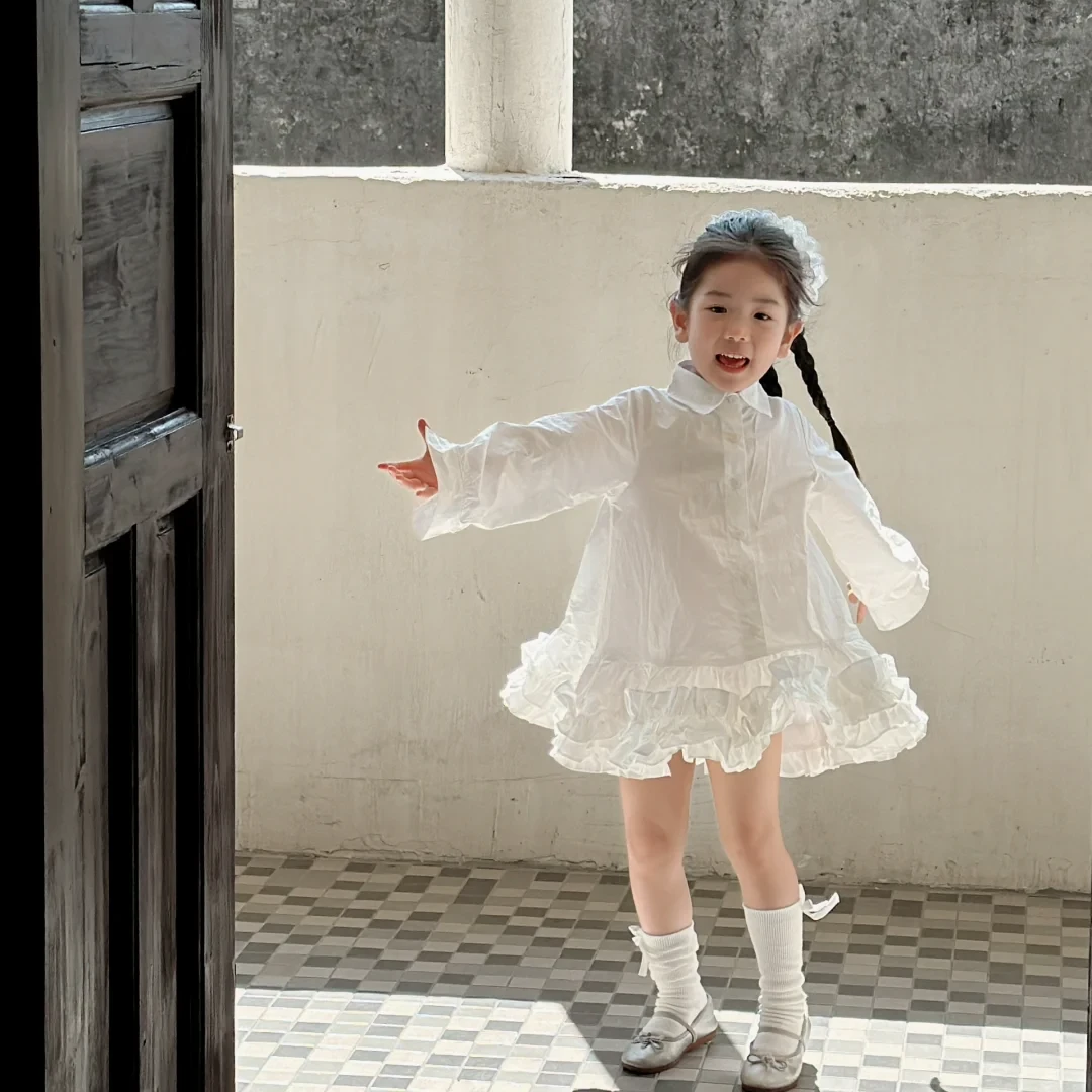 壹妈萌娃穿搭童装女童白色连衣裙秋季洋气立体花瓣公主长袖衬衫裙