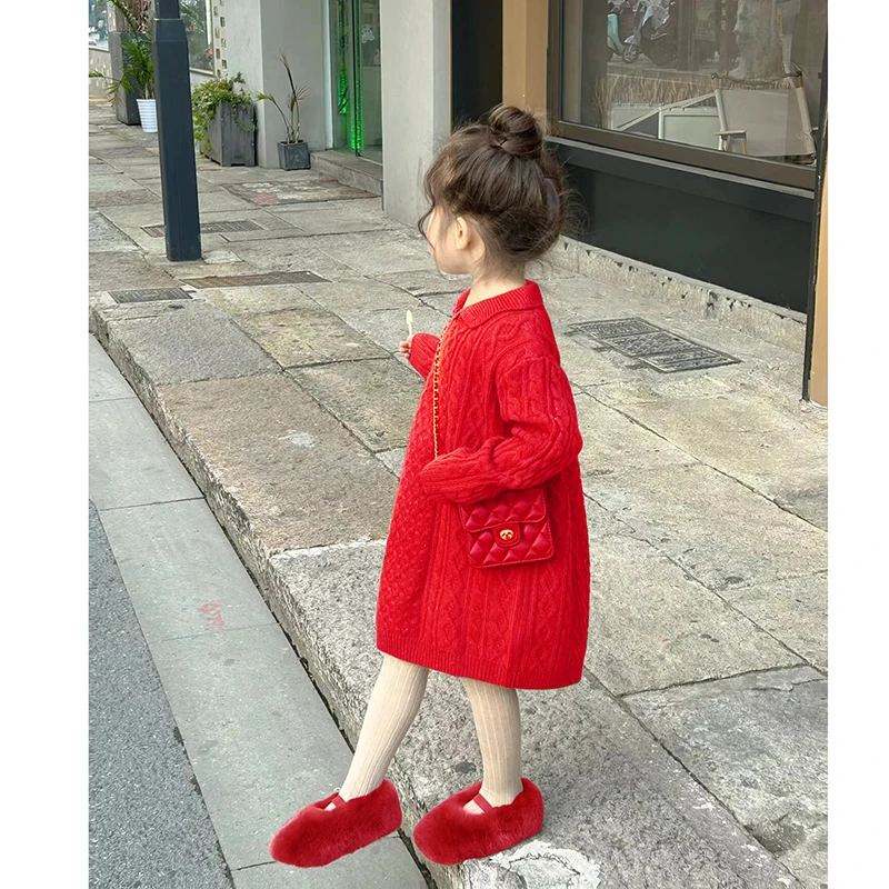 壹妈韩版童装中国风女童毛衣裙春秋款小女孩洋气针织衫红色连衣裙