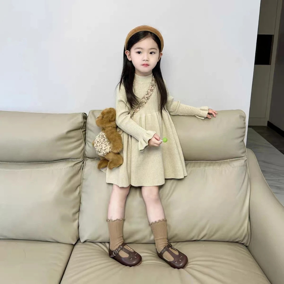 壹妈韩版童装女童长袖连衣裙秋装新款女宝宝休闲针织毛线裙打底裙