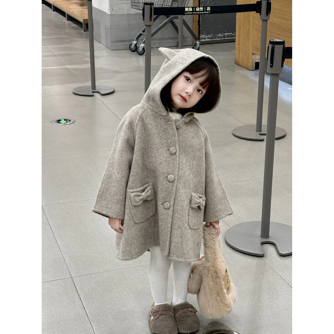 童装萌娃穿搭女童双面羊毛大衣春秋儿童洋气中长款毛呢外套