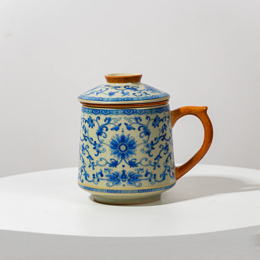 青花冰裂缠枝莲汝窑水杯茶水分离办公杯大容量