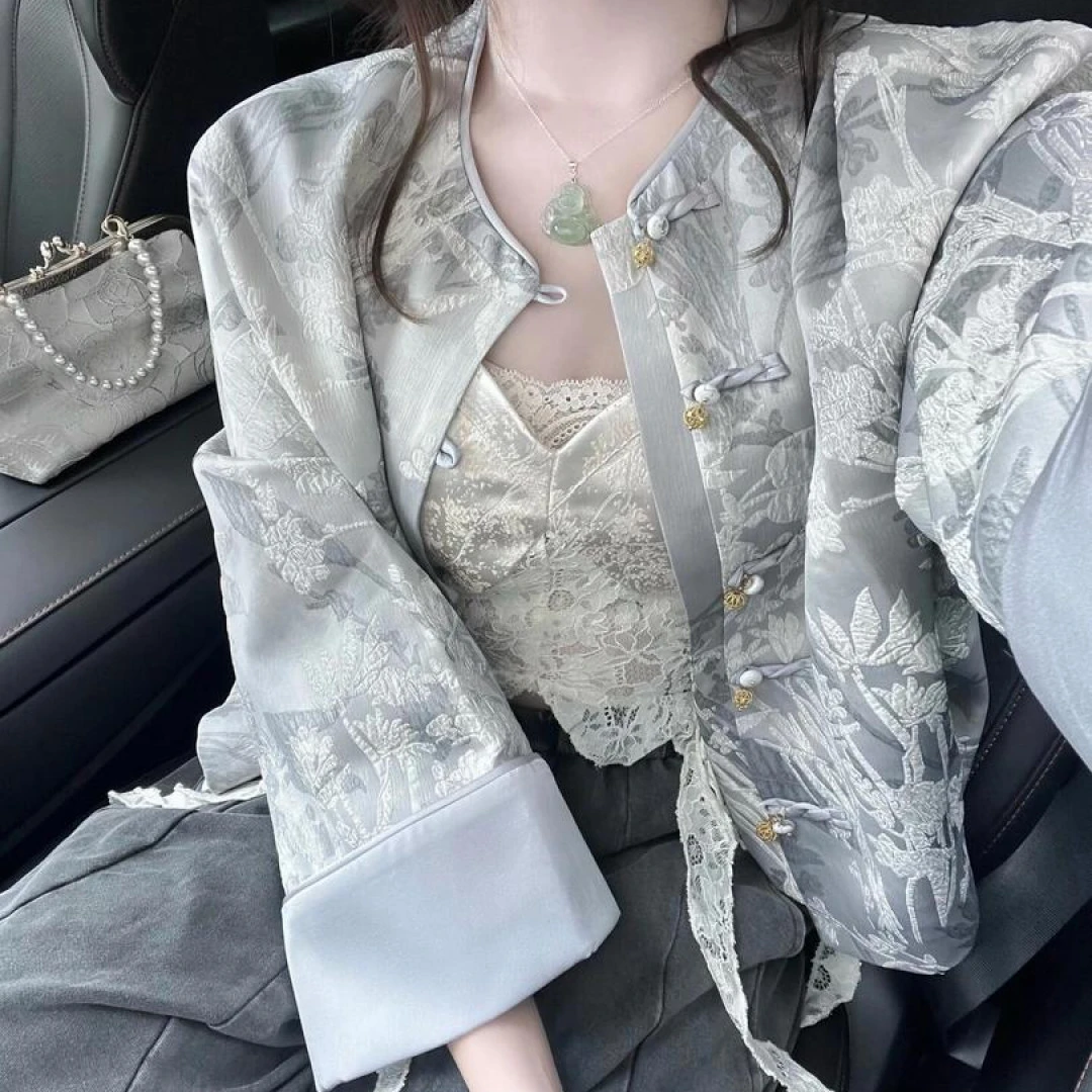 早秋穿搭高级感套装新中式国风短外套女复古时尚阔腿裤两件套装潮