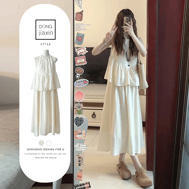 新中式两件套圆领无袖背心连衣裙套装女夏季清冷感禅意a字长裙子