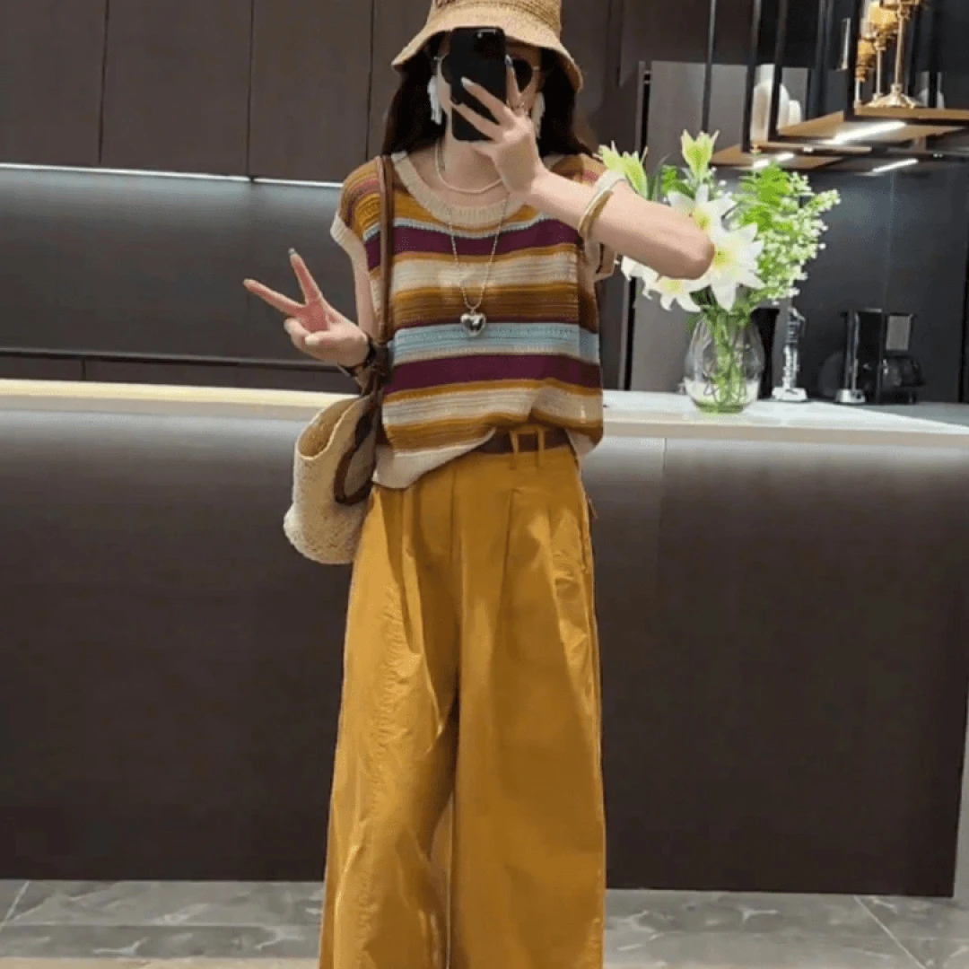 2024夏季新款小众设计款透气条纹针织短袖上衣高腰显瘦阔腿九分裤