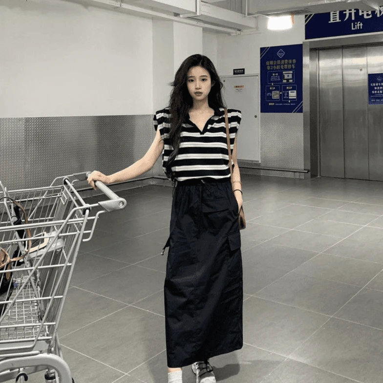 夏季时尚套装韩系polo领条纹T恤上衣中长款高腰显瘦工装半身裙女