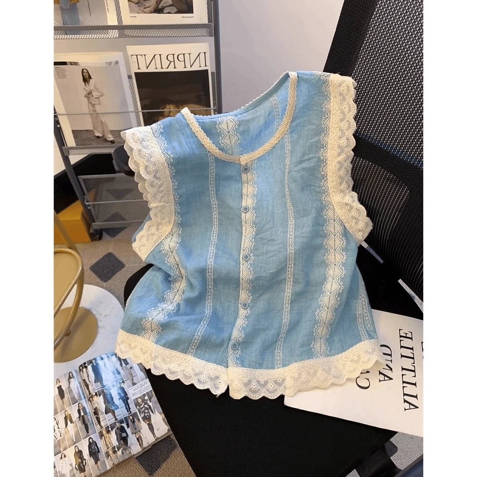 小香风蕾丝刺绣无袖衬衫女夏大码胖mm法式独特漂亮飞飞袖小衫上衣