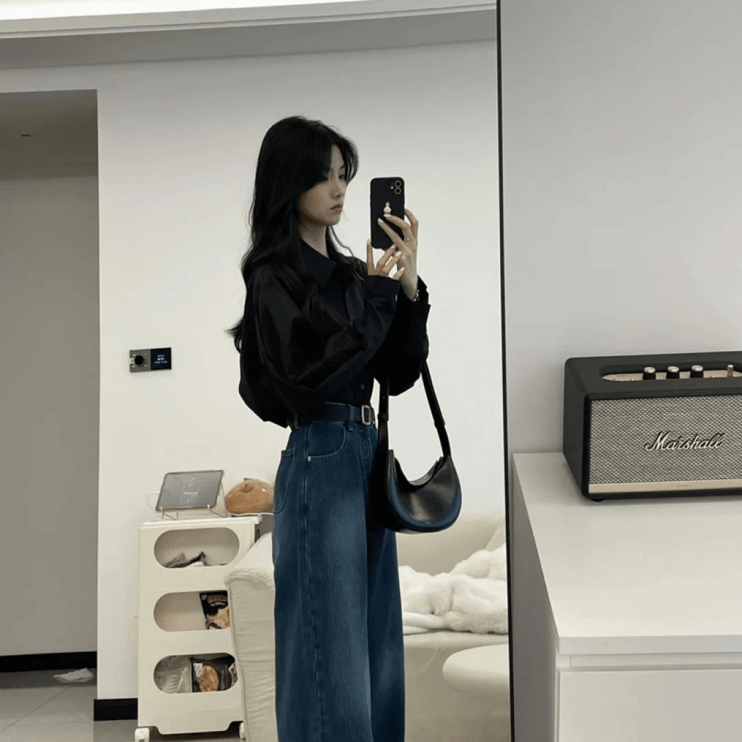 2024新款入秋一整套女高级感黑色衬衫上衣女时尚百搭牛仔裤两件套