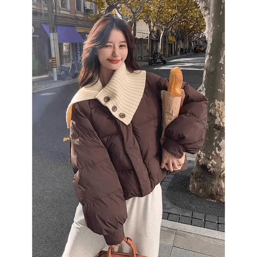 美拉德咖色短款羽绒棉服女冬季韩系好看针织大翻领棉衣面包服外套